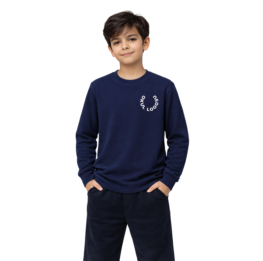 Selanik Kumaş Bisiklet Yaka Lacivert Uzun Kol Tshirt