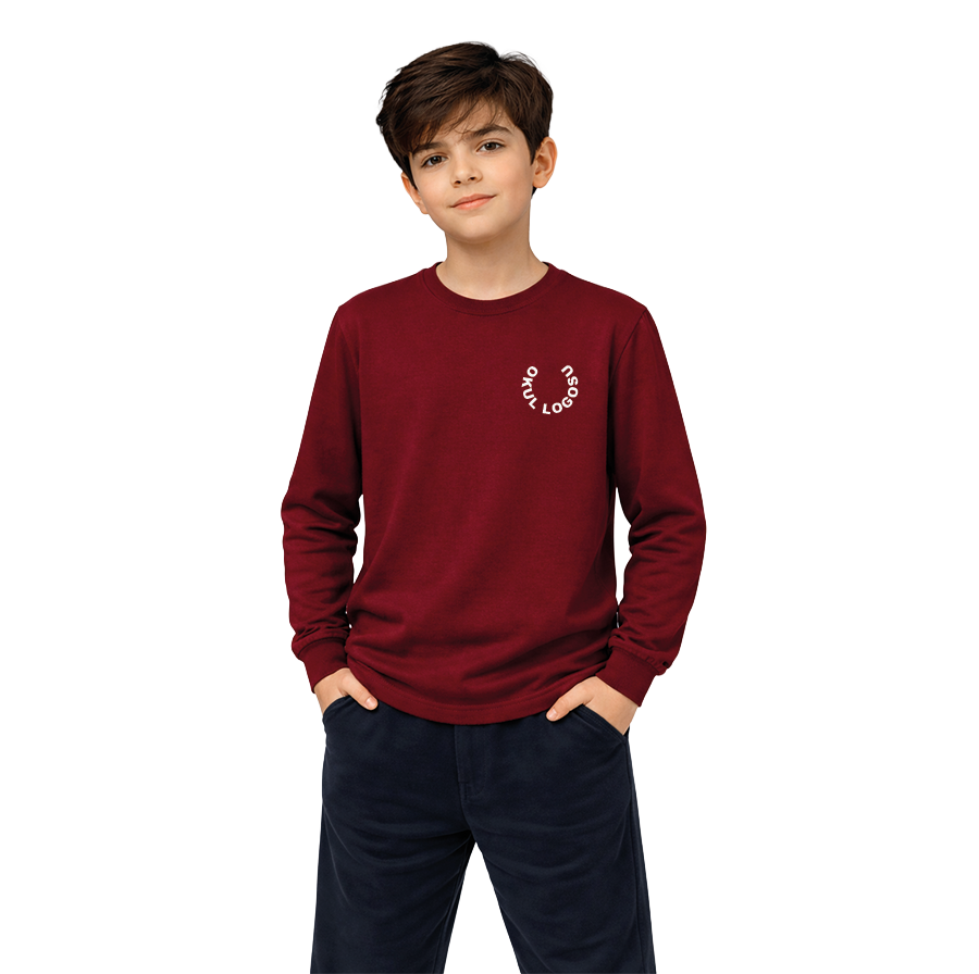 Selanik Kumaş Bisiklet Yaka Bordo Uzun Kol Tshirt