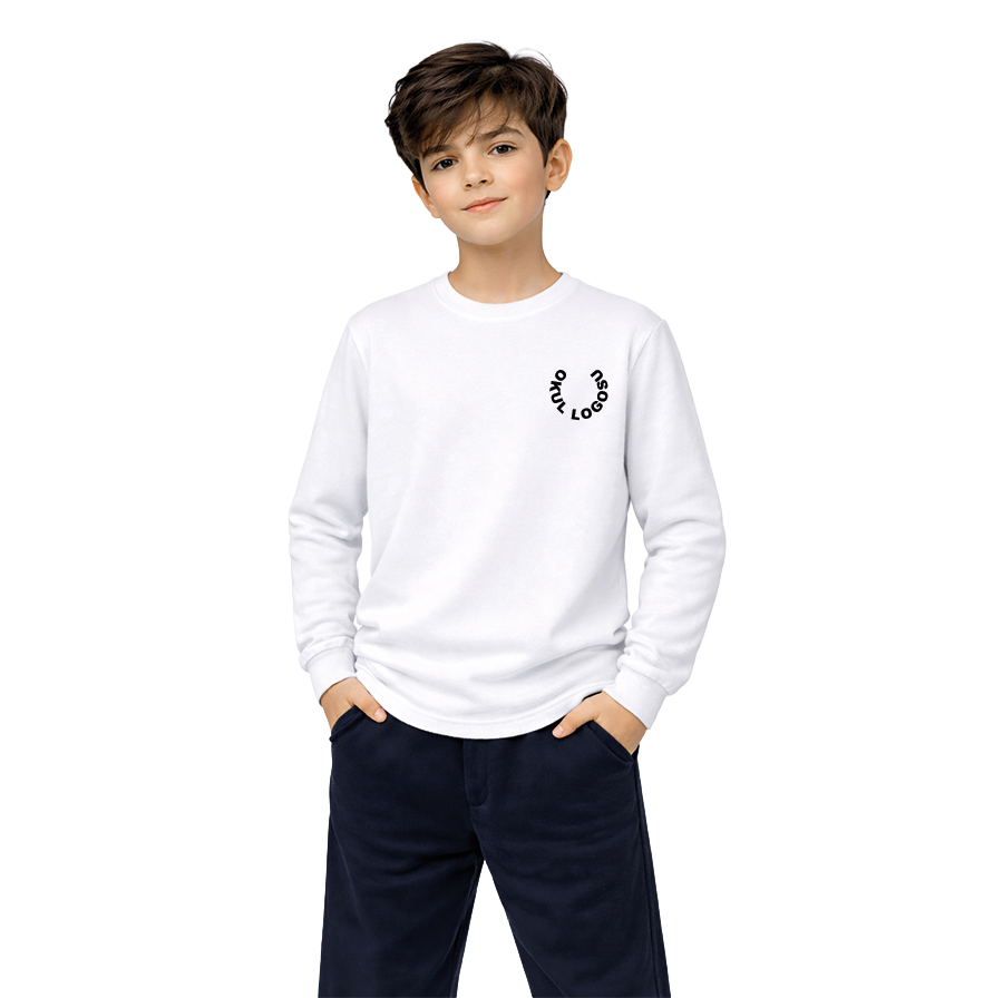 Selanik Kumaş Bisiklet Yaka Beyaz Uzun Kol Tshirt