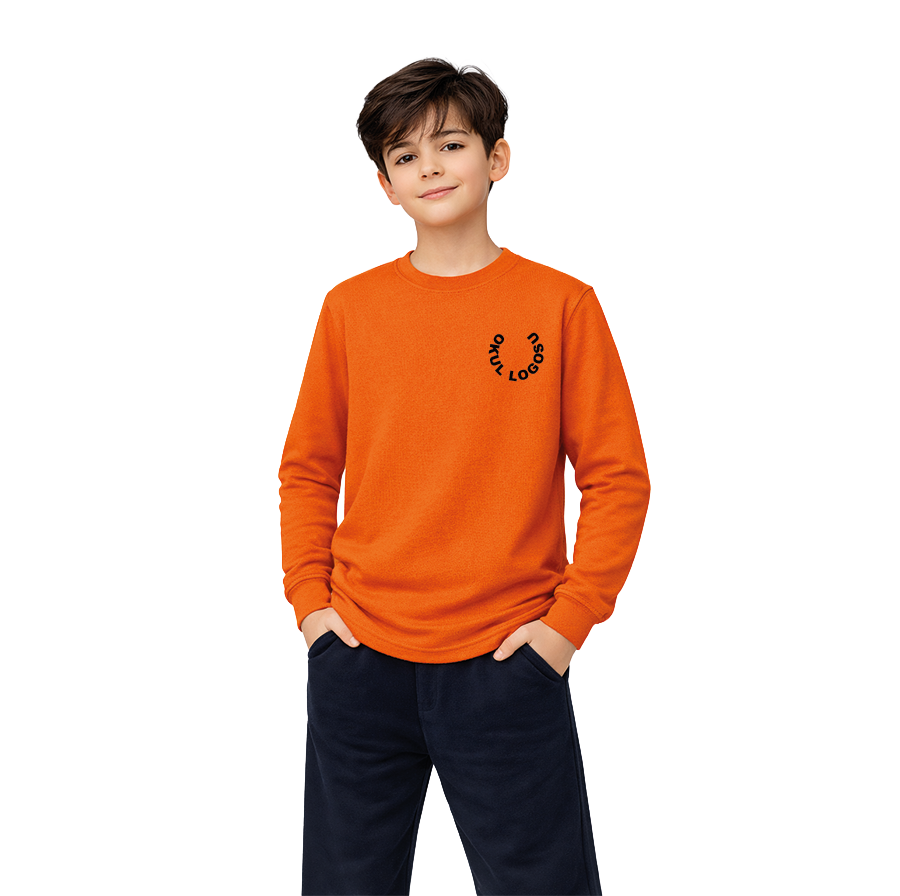 Selanik Kumaş Bisiklet Yaka Turuncu Uzun Kol Tshirt