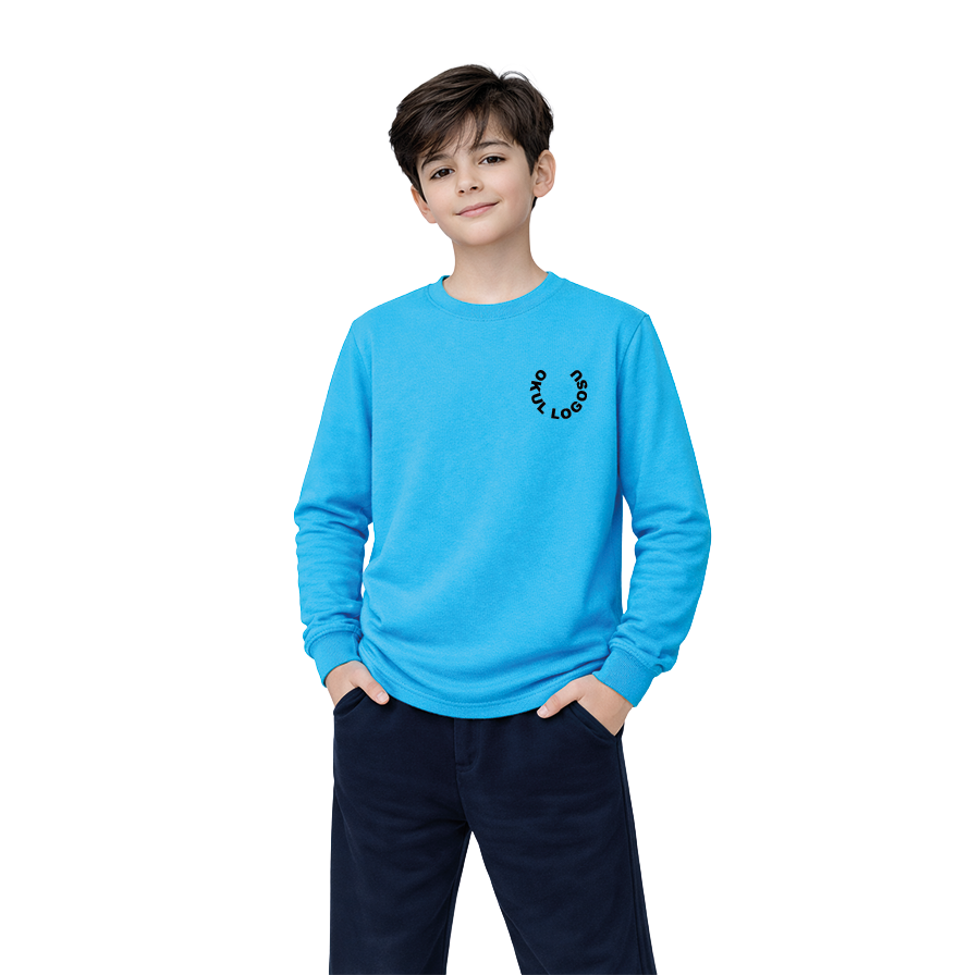 Selanik Kumaş Bisiklet Yaka Turkuaz Uzun Kol Tshirt