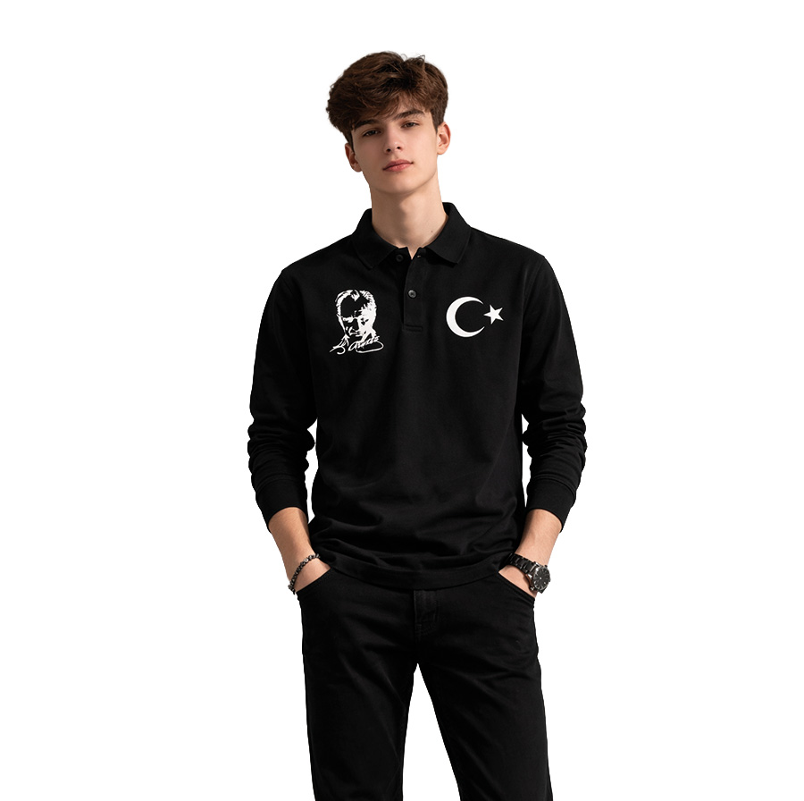 Premium Atatürk Portresi Baskılı Unisex Polo Yaka Uzun Kol Tshirt