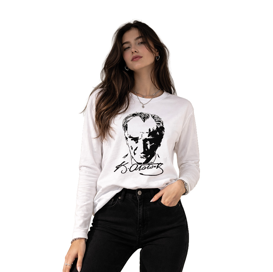 Premium Atatürk Portresi Baskılı Unisex Uzun Kol Tshirt