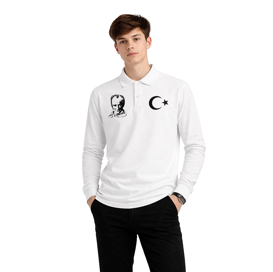 Premium Atatürk Portresi Baskılı Unisex Polo Yaka Uzun Kol Tshirt